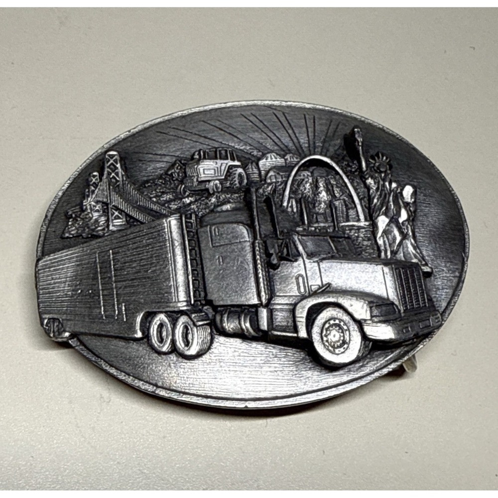Vintage Siskiyou Belt Buckle Semi Truck Statue Of Liberty Arch SF Bridge USA